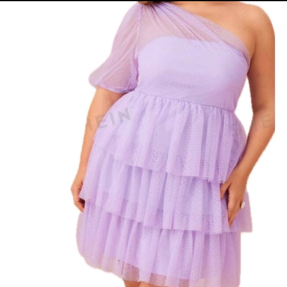 $20! NWT! Lavender/lilac ruffled/tiered one shoulder Swiss dot mini dress